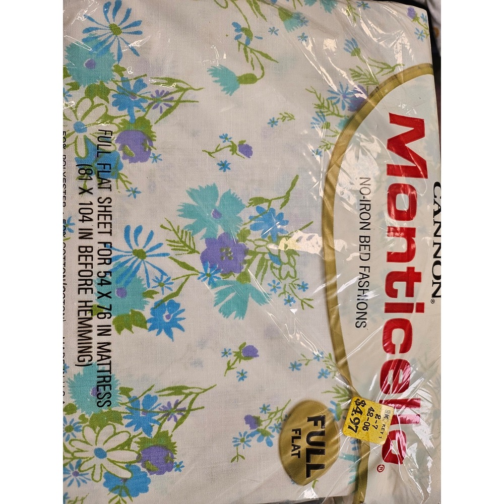 Vintage Cannon Monticello Full Flat Sheet Field Flowers Blue Purple Floral New